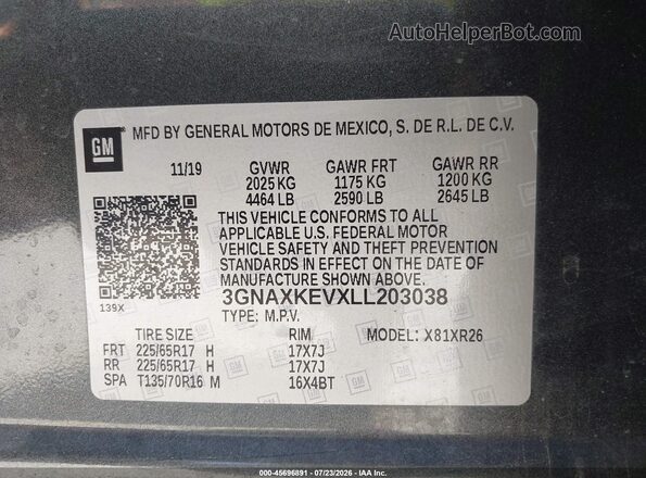 3GNAXKEVXLL203038 2020 CHEVROLET EQUINOX Серый Вид подкапотного пространства