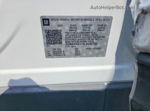 3GNAXKEVXLS540752 2020 CHEVROLET EQUINOX Белый Вид подкапотного пространства