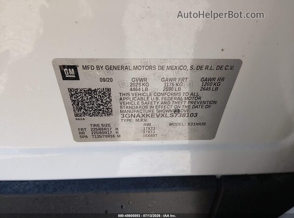 3GNAXKEVXLS738103 2020 CHEVROLET EQUINOX White Widok komory silnika
