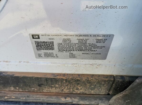 3GNAXKEVXMS137047 2021 CHEVROLET EQUINOX Белый Вид наклейки с VIN-кодом