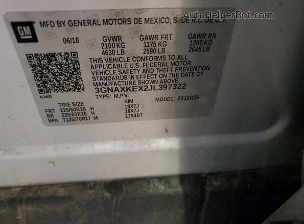 3GNAXKEX2JL397322 2018 CHEVROLET EQUINOX Серебряный Вид наклейки с VIN-кодом