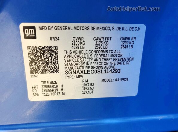 3GNAXLEG0SL114293 2025 CHEVROLET EQUINOX Синий Вид наклейки с VIN-кодом