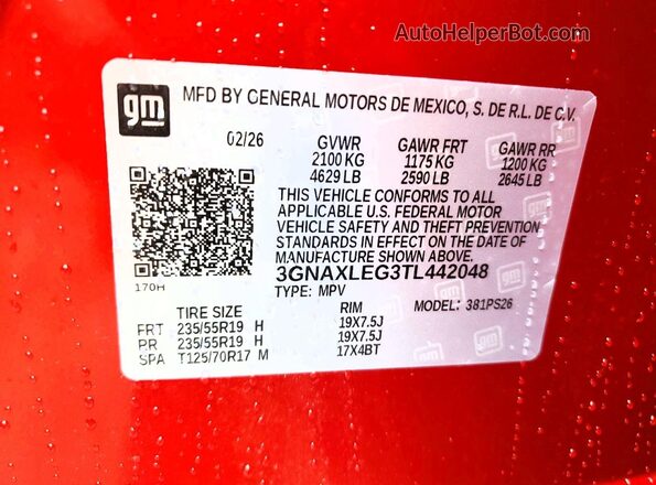 3GNAXLEG3TL442048 2026 CHEVROLET EQUINOX Красный Вид наклейки с VIN-кодом