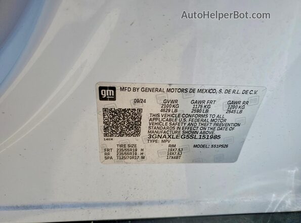 3GNAXLEG5SL151985 2025 CHEVROLET EQUINOX White Вид наклейки з VIN-кодом
