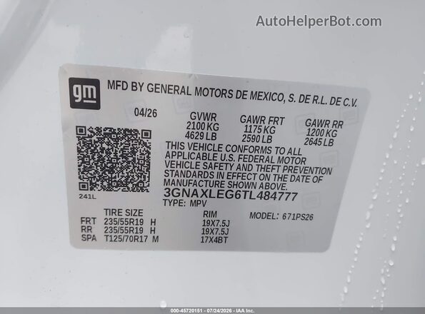 3GNAXLEG6TL484777 2026 CHEVROLET EQUINOX White Vista del compartimento del motor
