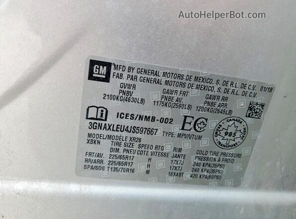 3GNAXLEU4JS597667 2018 CHEVROLET EQUINOX Silver Вид наклейки з VIN-кодом