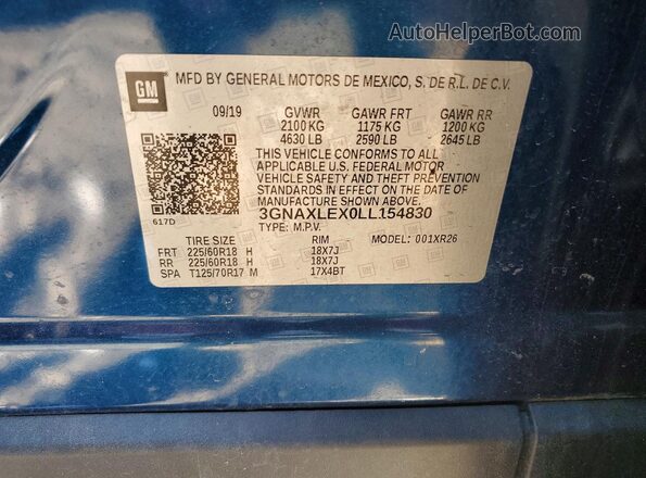 3GNAXLEX0LL154830 2020 CHEVROLET EQUINOX Blue Widok komory silnika