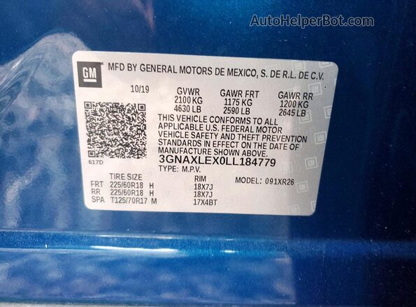 3GNAXLEX0LL184779 2020 CHEVROLET EQUINOX Blue Widok komory silnika