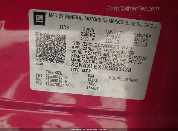 3GNAXLEX1KS563438 2019 CHEVROLET EQUINOX Red Vista del compartimento del motor