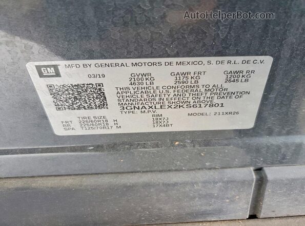 3GNAXLEX2KS617801 2019 CHEVROLET EQUINOX Charcoal Widok komory silnika