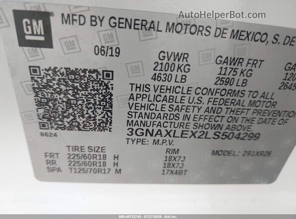 3GNAXLEX2LS504299 2020 CHEVROLET EQUINOX White Widok komory silnika