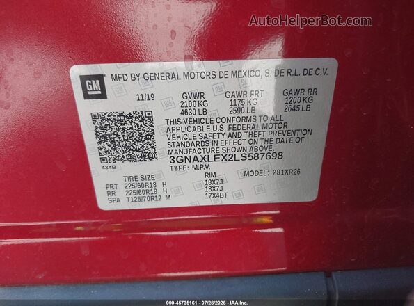 3GNAXLEX2LS587698 2020 CHEVROLET EQUINOX Red Widok komory silnika