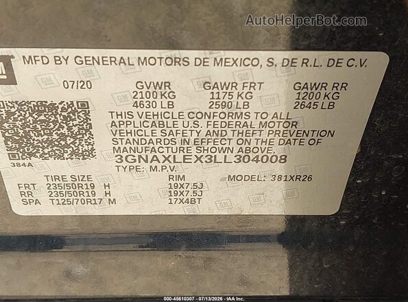 3GNAXLEX3LL304008 2020 CHEVROLET EQUINOX Black Engine compartment view