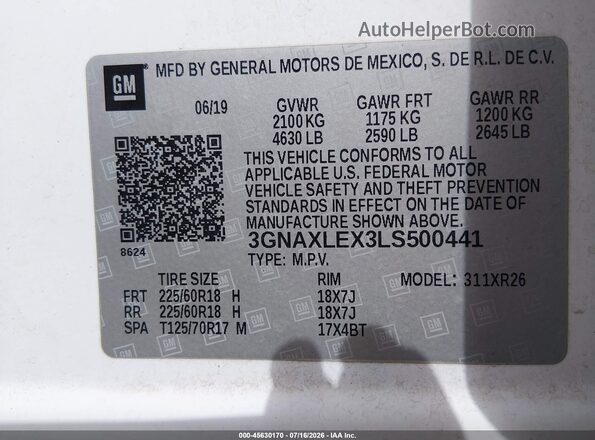 3GNAXLEX3LS500441 2020 CHEVROLET EQUINOX Белый Вид подкапотного пространства
