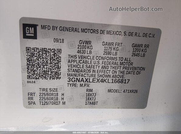 3GNAXLEX4KL166817 2019 CHEVROLET EQUINOX White Vista del compartimento del motor