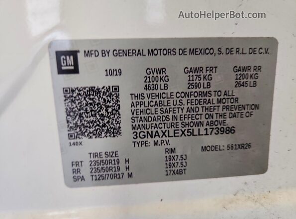 3GNAXLEX5LL173986 2020 CHEVROLET EQUINOX White VIN կոդի պիտակի տեսք
