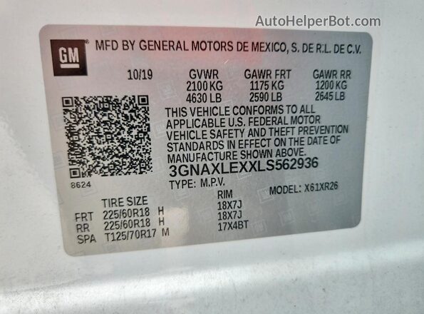 3GNAXLEXXLS562936 2020 CHEVROLET EQUINOX White VIN კოდის სტიკერის ხედი