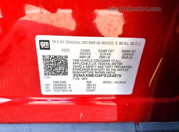 3GNAXMEG4PS164875 2023 CHEVROLET EQUINOX Red VIN კოდის სტიკერის ხედი
