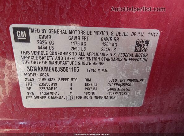 3GNAXMEV0JS561165 2018 CHEVROLET EQUINOX Red Շարժիչի բաժամունքի տեսք