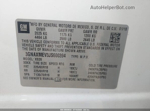 3GNAXMEV3JS600394 2018 CHEVROLET EQUINOX White ძრავის განყოფილების ხედი