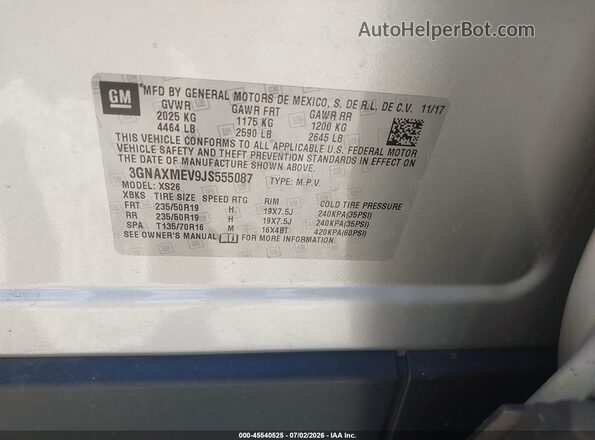 3GNAXMEV9JS555087 2018 CHEVROLET EQUINOX Silver Vista del compartimento del motor