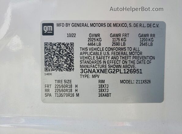 3GNAXNEG2PL126951 2023 CHEVROLET EQUINOX White VIN կոդի պիտակի տեսք