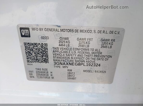 3GNAXNEG8PL192324 2023 CHEVROLET EQUINOX White Engine compartment view
