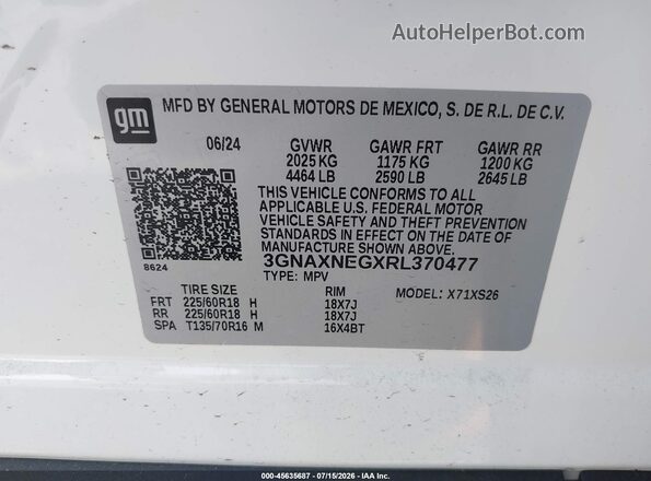 3GNAXNEGXRL370477 2024 CHEVROLET EQUINOX White ძრავის განყოფილების ხედი