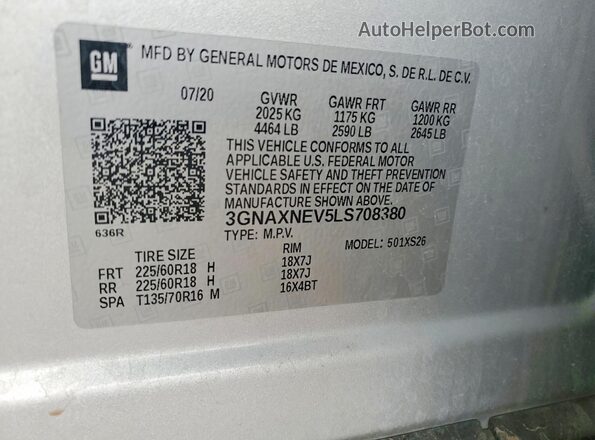 3GNAXNEV5LS708380 2020 CHEVROLET EQUINOX Silver Вид наклейки з VIN-кодом