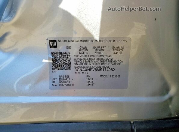 3GNAXNEV8MS174082 2021 CHEVROLET EQUINOX Серебряный Вид наклейки с VIN-кодом