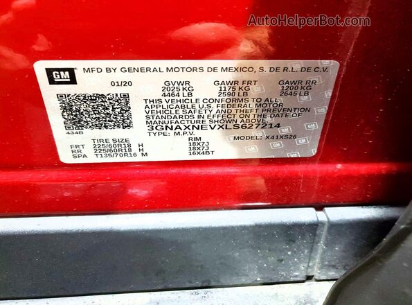 3GNAXNEVXLS627214 2020 CHEVROLET EQUINOX Maroon Vista de la etiqueta del VIN