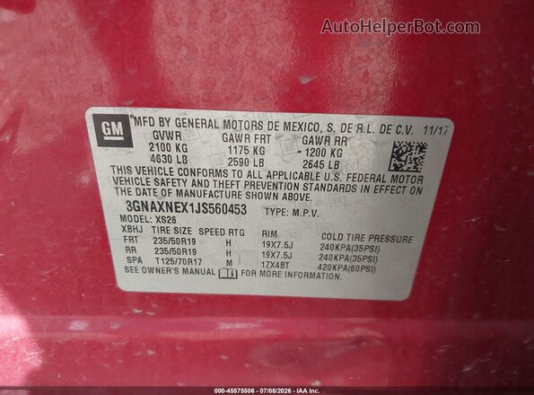 3GNAXNEX1JS560453 2018 CHEVROLET EQUINOX Red Vista del compartimento del motor