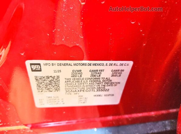 3GNAXPEG0TL355022 2026 CHEVROLET EQUINOX Red Widok naklejki z numerem VIN