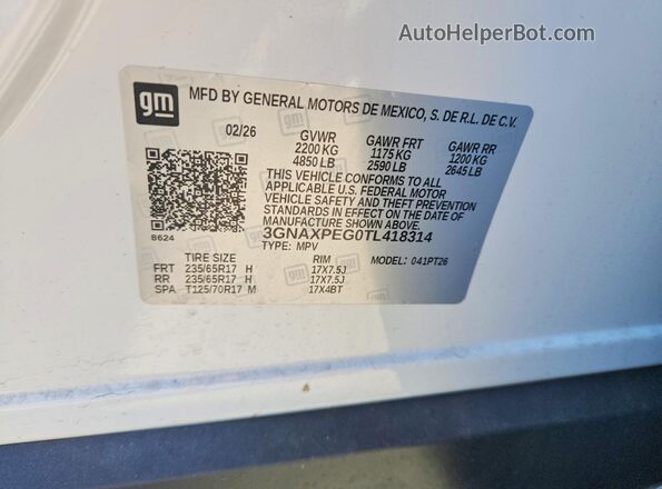 3GNAXPEG0TL418314 2026 CHEVROLET EQUINOX White Vista interior de 360 grados