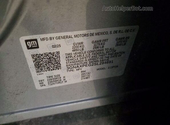 3GNAXPEG2SL294691 2025 CHEVROLET EQUINOX Серый Вид наклейки с VIN-кодом