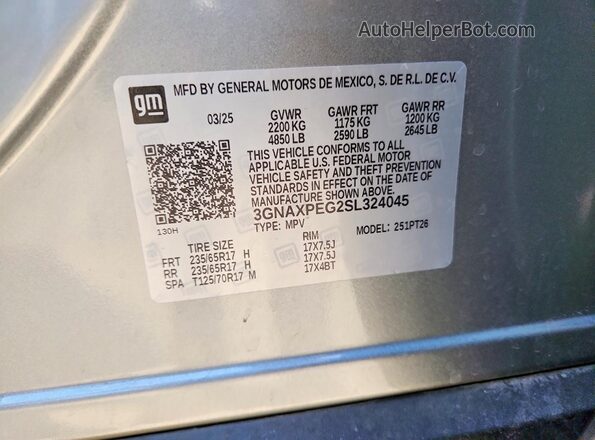3GNAXPEG2SL324045 2025 CHEVROLET EQUINOX Серебряный Вид наклейки с VIN-кодом