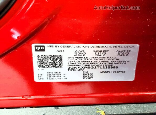 3GNAXPEG2TL235996 2026 CHEVROLET EQUINOX Красный Панорамный вид салона 360°