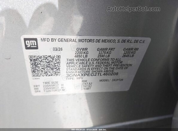 3GNAXPEG2TL460208 2026 CHEVROLET EQUINOX Gray Engine compartment view