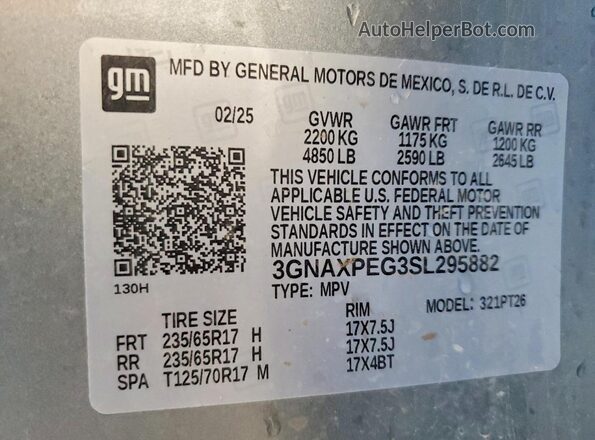3GNAXPEG3SL295882 2025 CHEVROLET EQUINOX Silver Вид наклейки з VIN-кодом