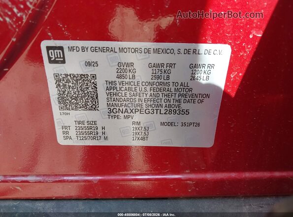 3GNAXPEG3TL289355 2026 CHEVROLET EQUINOX Red Շարժիչի բաժամունքի տեսք