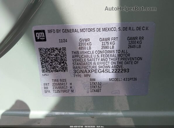 3GNAXPEG4SL222293 2025 CHEVROLET EQUINOX Зеленый Вид подкапотного пространства