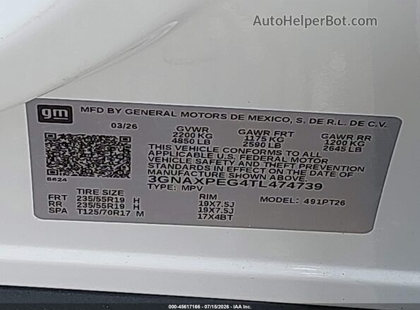 3GNAXPEG4TL474739 2026 CHEVROLET EQUINOX White Вид підкапотного простору
