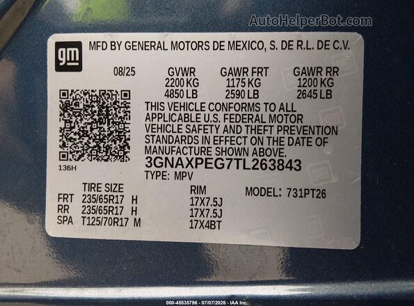 3GNAXPEG7TL263843 2026 CHEVROLET EQUINOX Blue Widok komory silnika