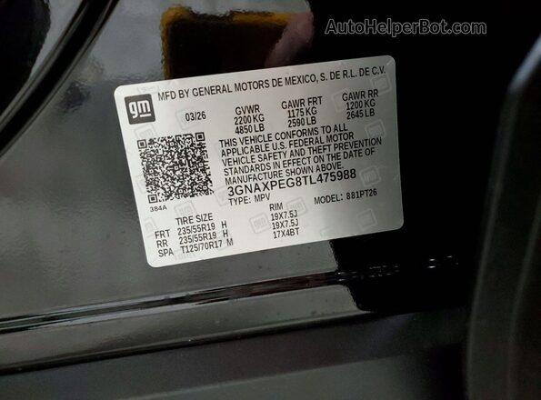 3GNAXPEG8TL475988 2026 CHEVROLET EQUINOX Черный Панорамный вид салона 360°