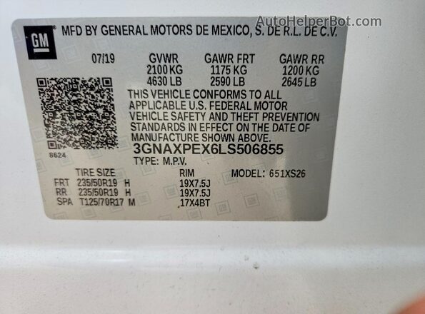 3GNAXPEX6LS506855 2020 CHEVROLET EQUINOX White Widok naklejki z numerem VIN