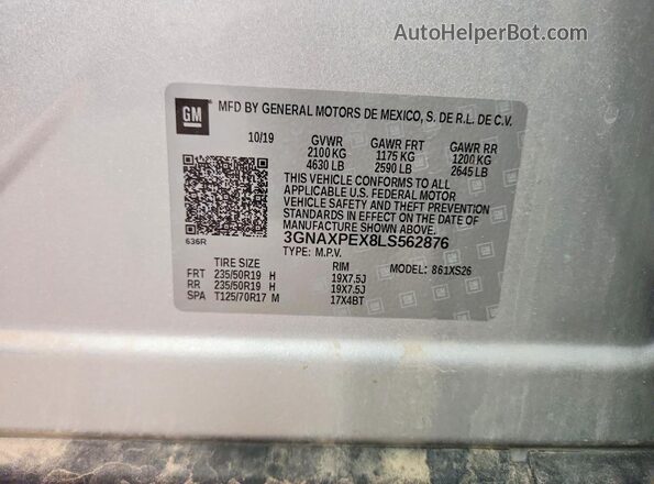 3GNAXPEX8LS562876 2020 CHEVROLET EQUINOX Серебряный Панорамный вид салона 360°