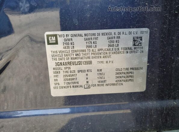 3GNAXREV0JS613908 2018 CHEVROLET EQUINOX Синий Вид наклейки с VIN-кодом