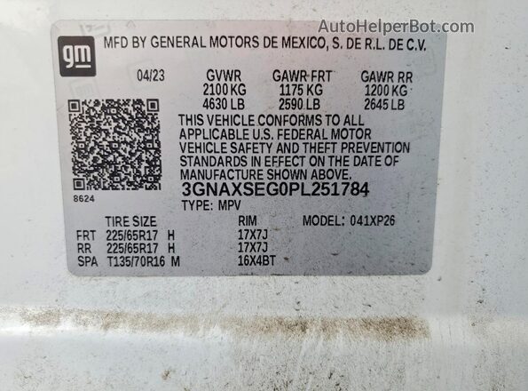 3GNAXSEG0PL251784 2023 CHEVROLET EQUINOX White VIN კოდის სტიკერის ხედი