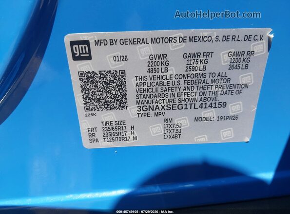 3GNAXSEG1TL414159 2026 CHEVROLET EQUINOX Blue Engine compartment view