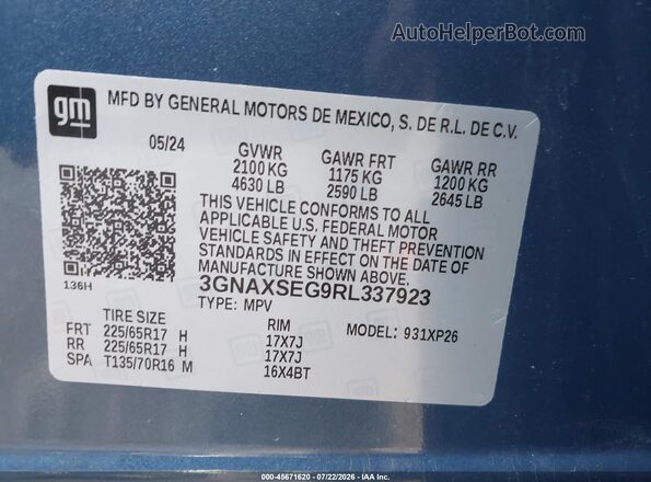 3GNAXSEG9RL337923 2024 CHEVROLET EQUINOX Blue ძრავის განყოფილების ხედი